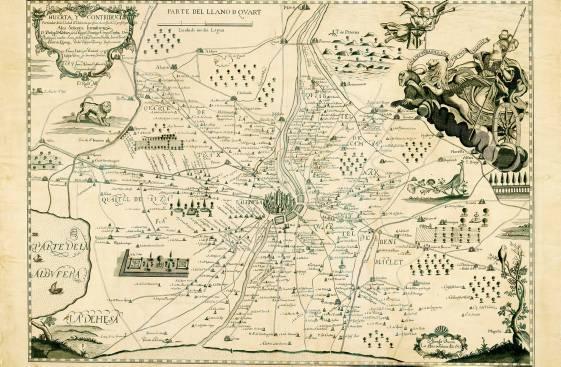 Plano de la época representando la ciudad de Valencia y sus alrededores: La Huerta. Fuente: Internet.