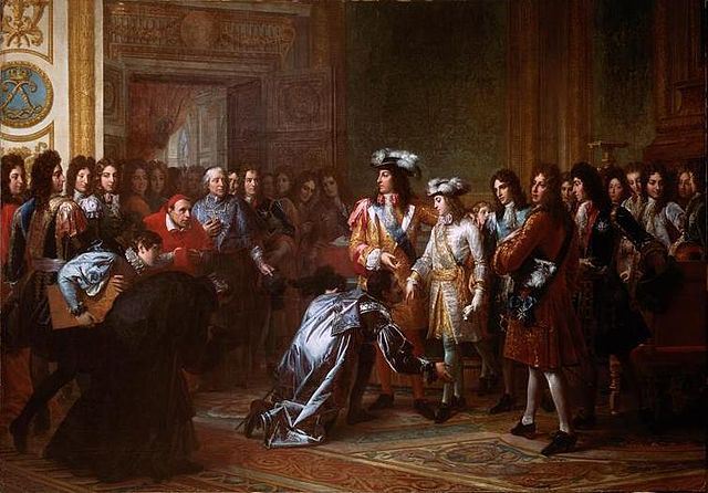 Felipe V proclamado rey de España por su abuelo Luis XIV en Versalles. Fuente: Internet.