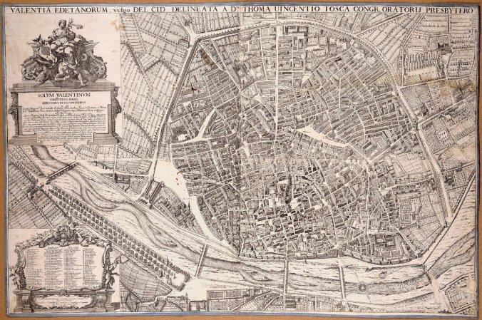 Plano de la ciudad de Valencia elaborado por Tomás Vicente Tosca a principios del siglo XVIII. Fuente: Internet.