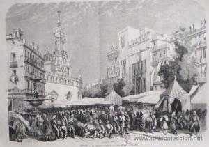 Plaza del mercado con la Lonja y la Iglesia de los SS.Juanes al fondo, siglo XVIII. Fuente: internet.